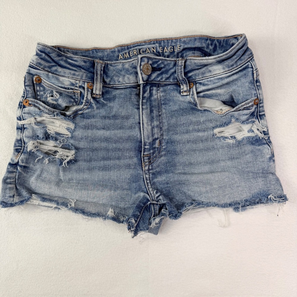 American Eagle Womens Jean Shorts 2 Blue Distressed Next‎ Level Stretch Raw Hem